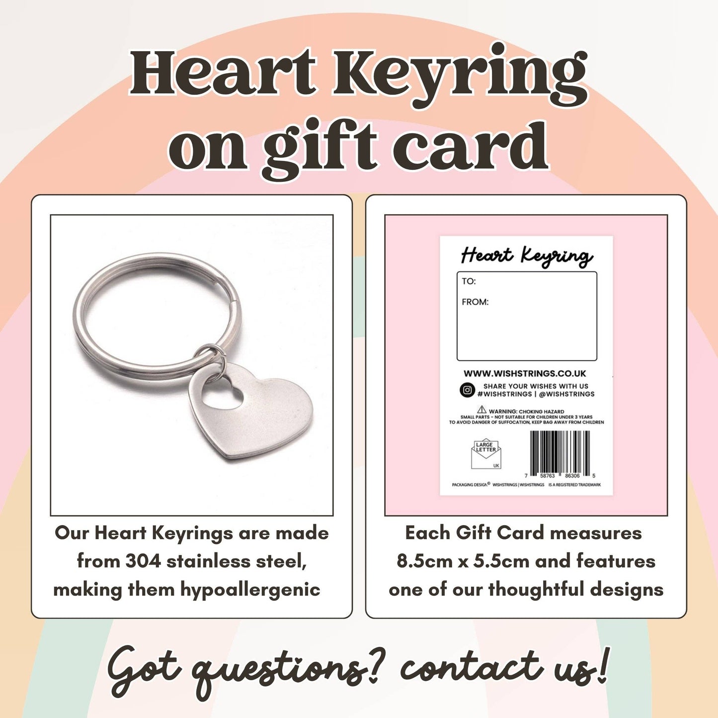 Heart keyring on a gift card with product details and contact information.
