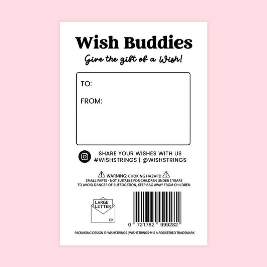 Back of a product packaging with 'Wish Buddies' branding on a pink background