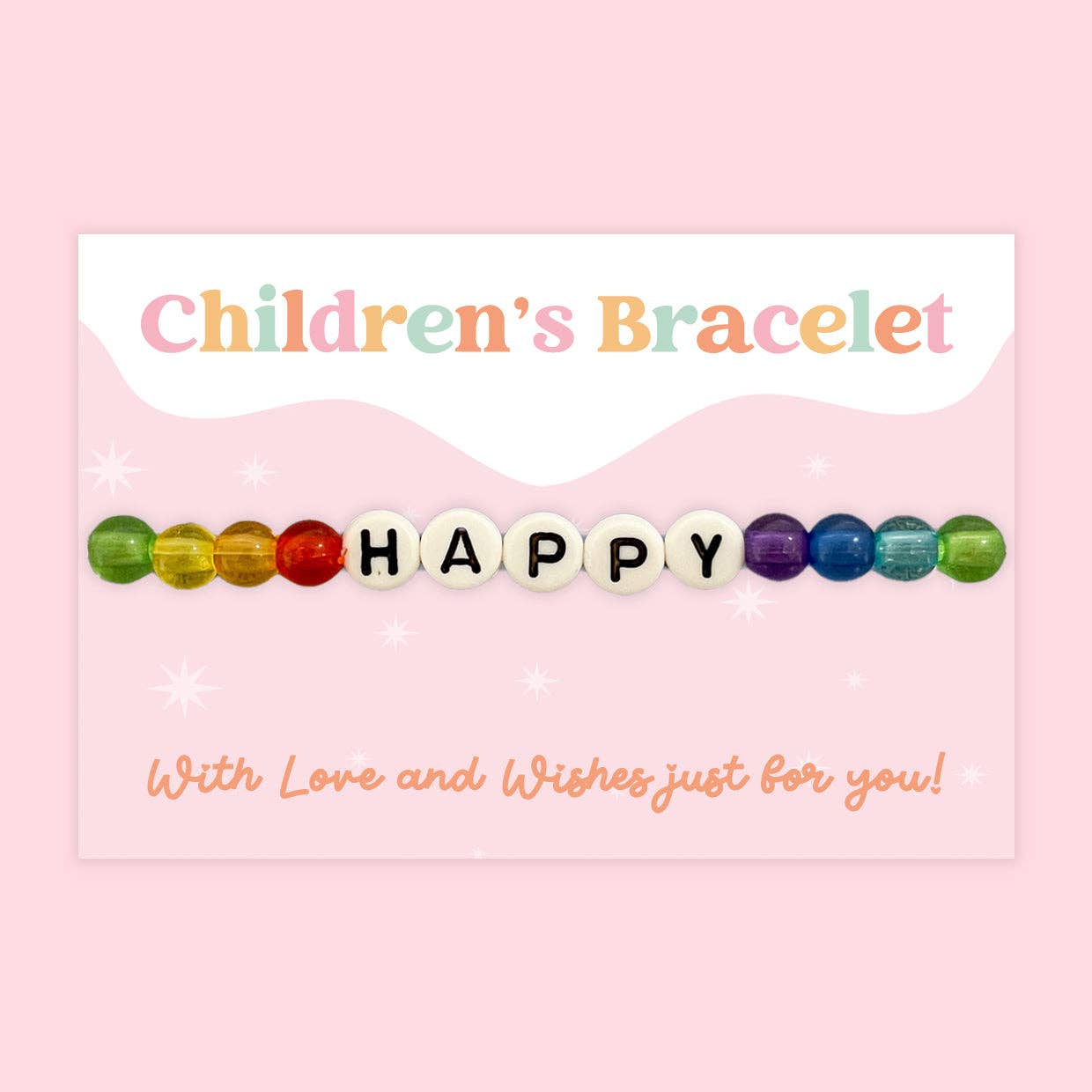 Children's bracelet with colorful beads spelling 'HAPPY' on a pink background