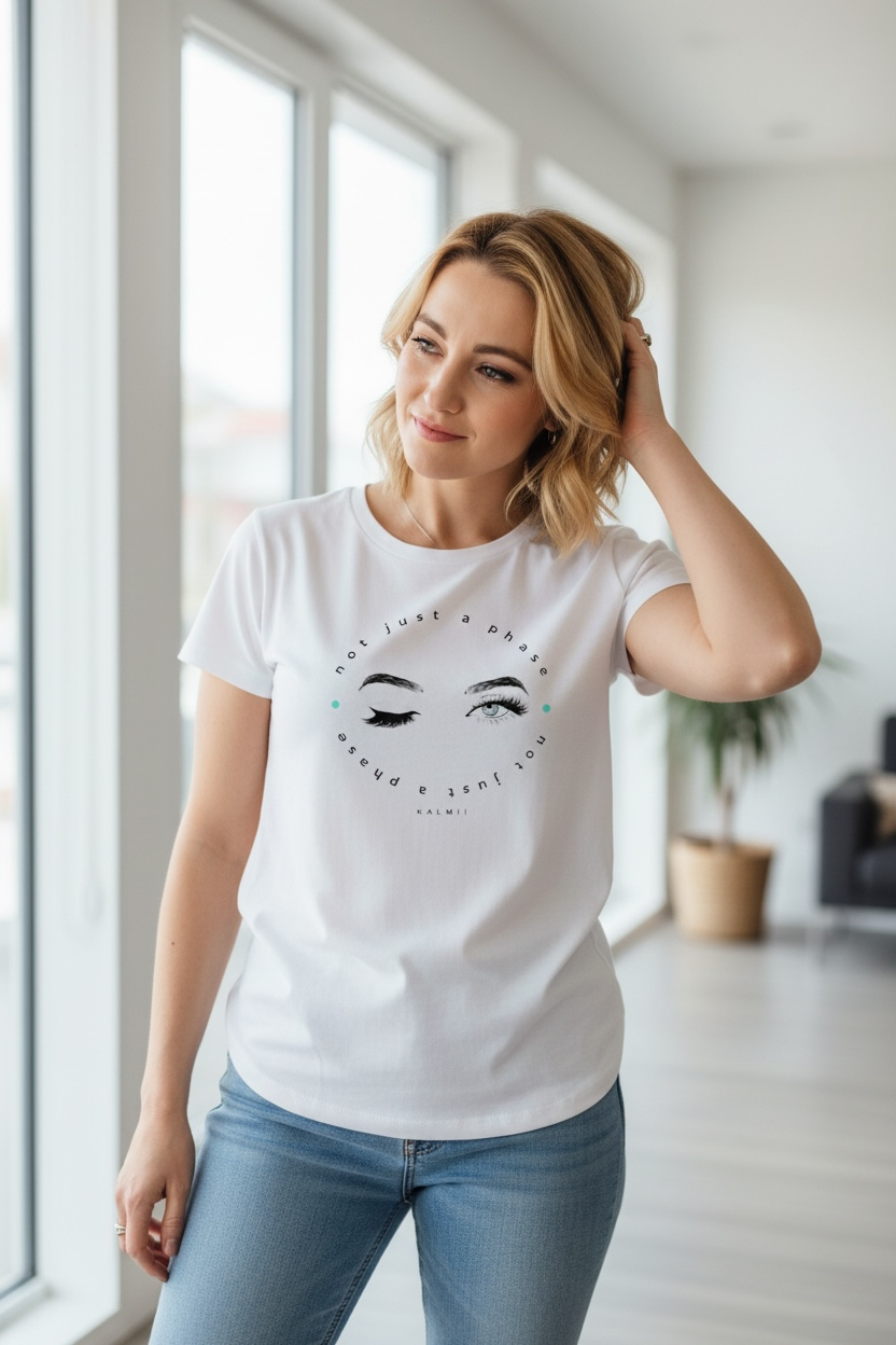 Woman wearing a white t-shirt with a graphic design in a bright room.