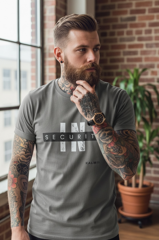 Man wearing a gray t-shirt with 'inSECURITY' print, standing indoors near a window and plant.