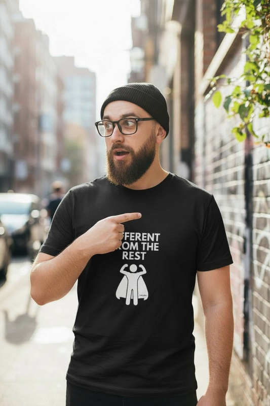 Man wearing a black t-shirt with a graphic and text, standing on a city street.