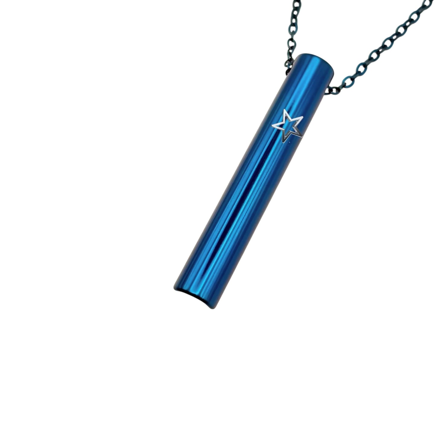 KALMii Anxiety Necklace Blue Star cylindrical pendant with star design on a chain against a white background