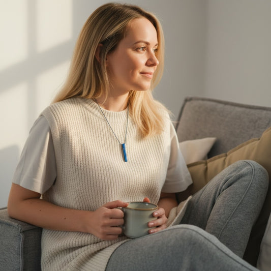Model wearing KALMii Blue Star Anxiety Necklace