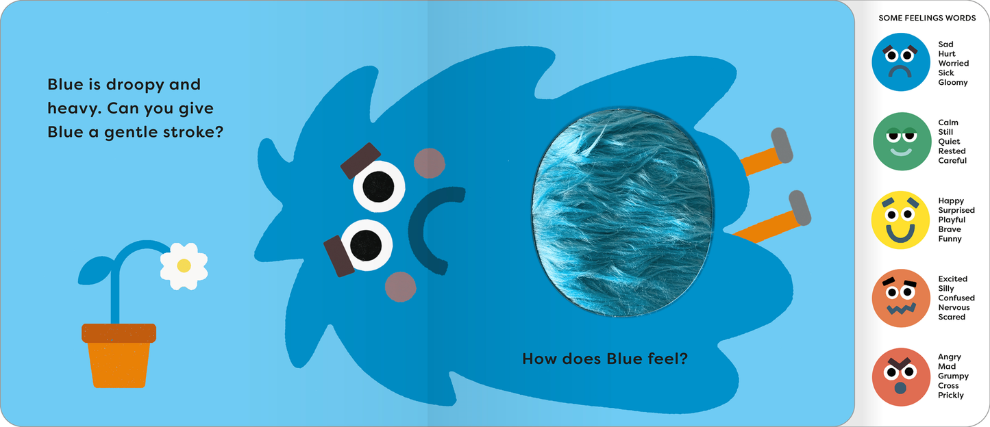 Children's book page with a blue creature and question prompts on a blue background