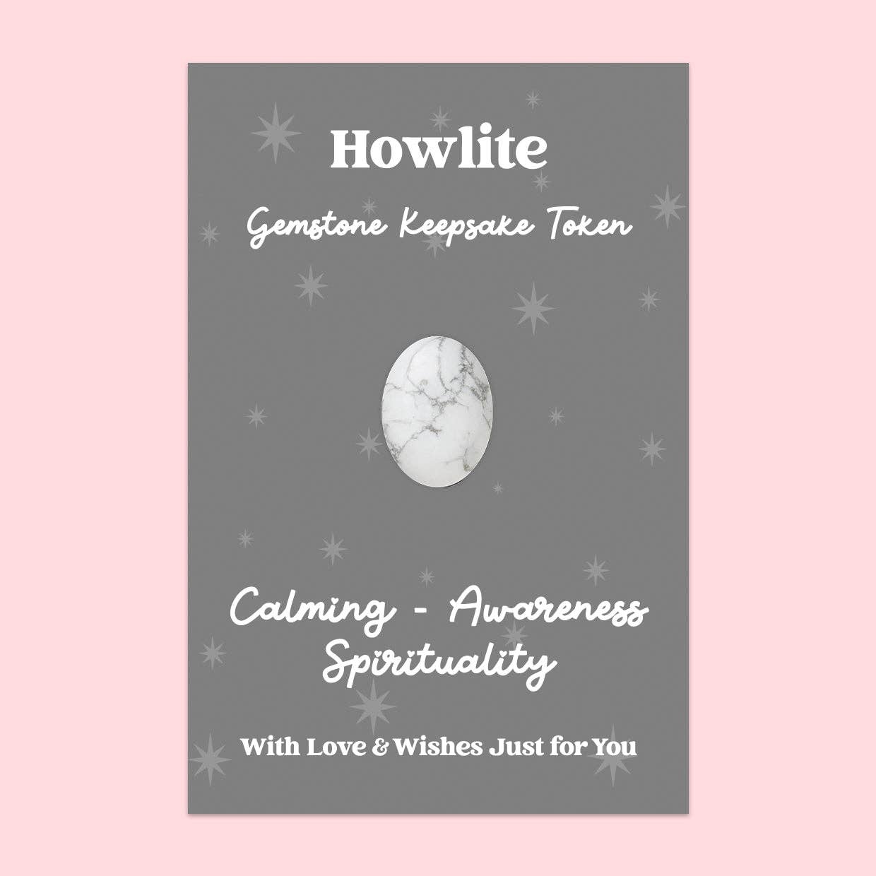 Howlite gemstone keepsake token packaging with text on a pink background