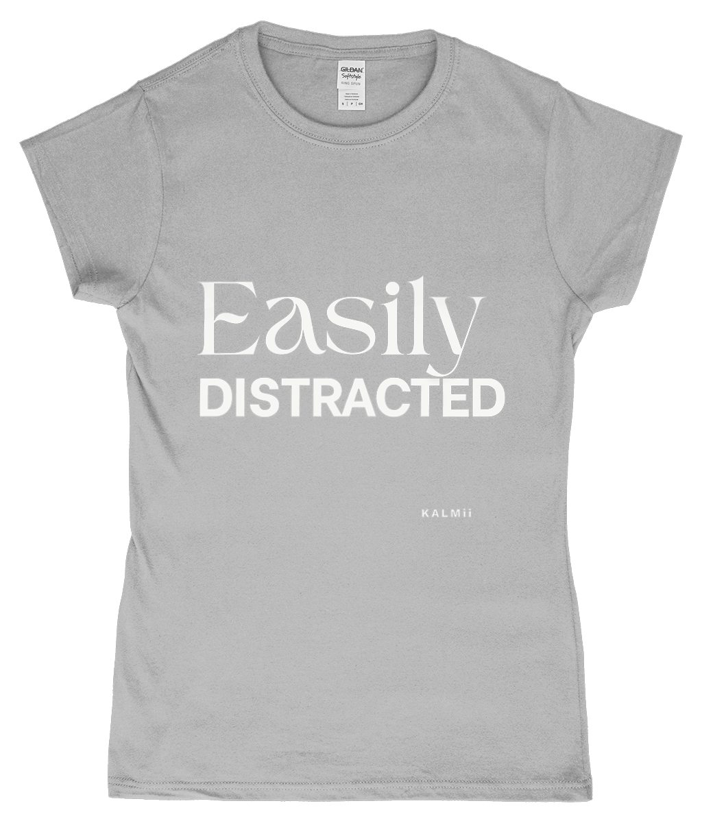 Front of tee with the text 'Easily Distracted' in grey