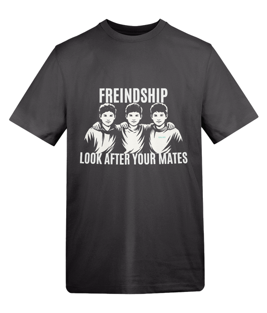 Black t-shirt with white graphic and text on a white background