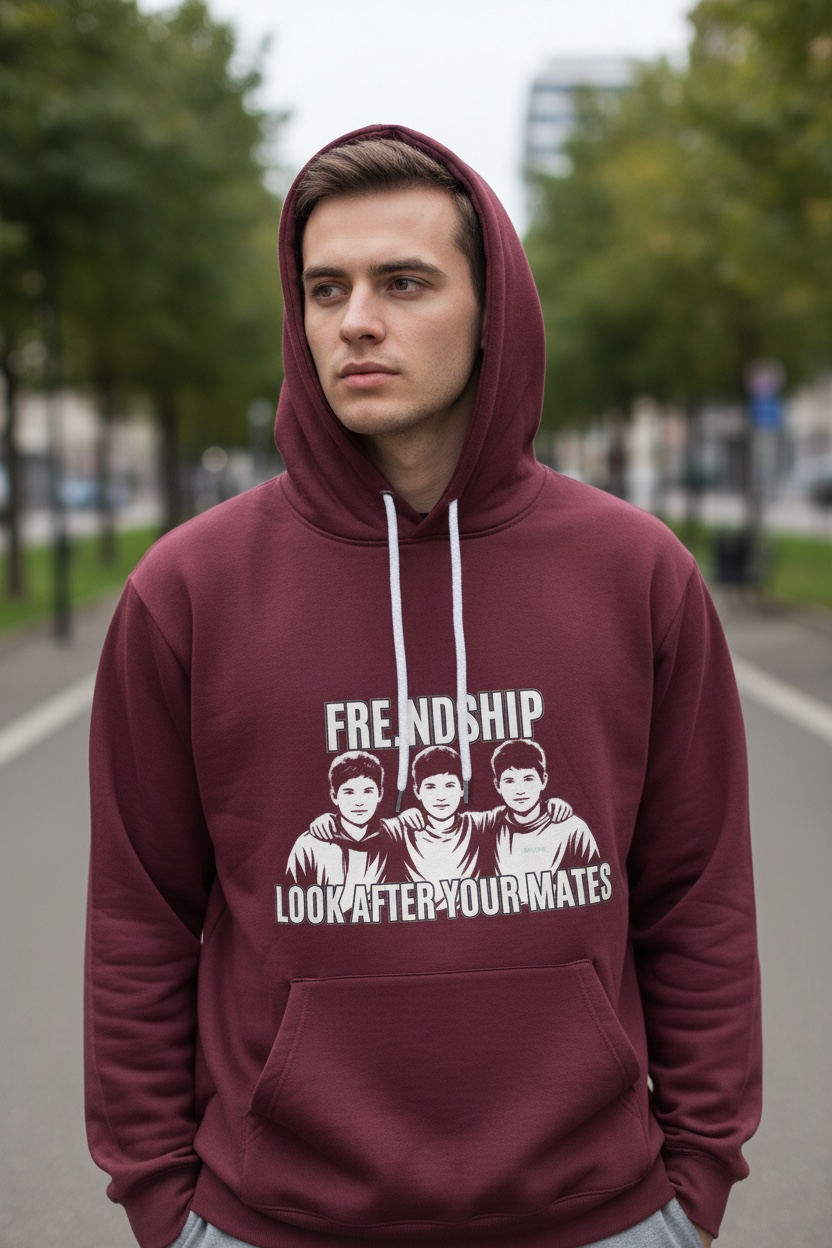 Person wearing a maroon hoodie with a graphic design on a street background
