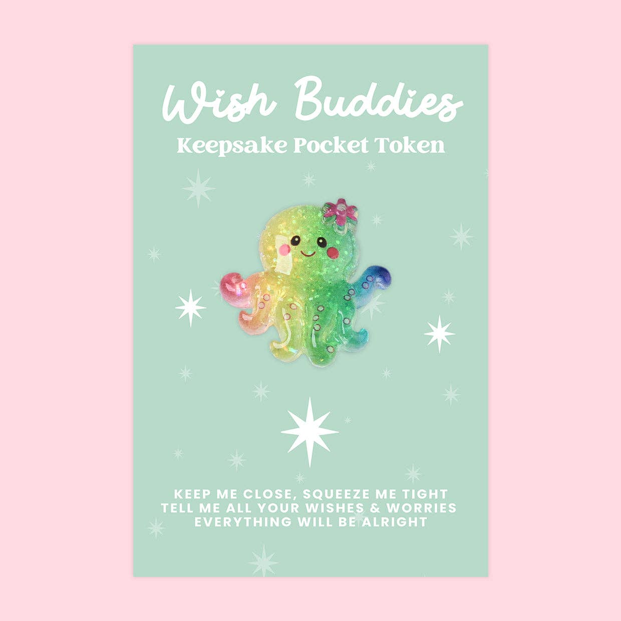 Colorful octopus-shaped keepsake on a light green card with 'Wish Buddies' text