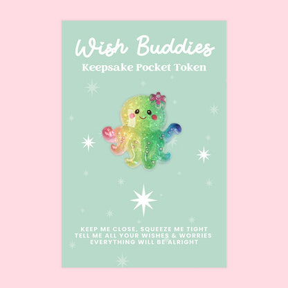 Colorful octopus-shaped keepsake on a light green card with 'Wish Buddies' text