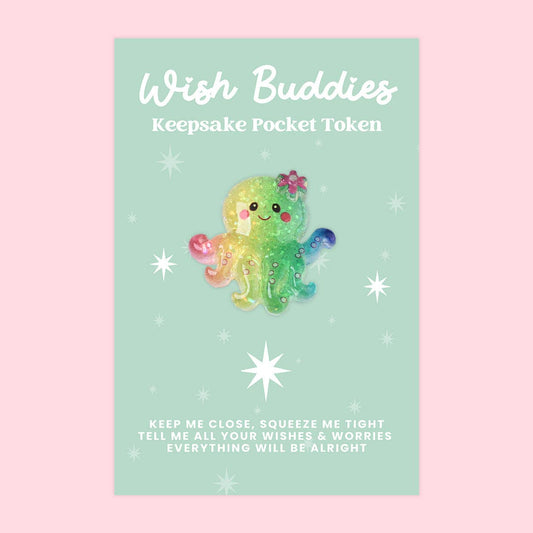 Colorful octopus-shaped keepsake on a light green card with 'Wish Buddies' text