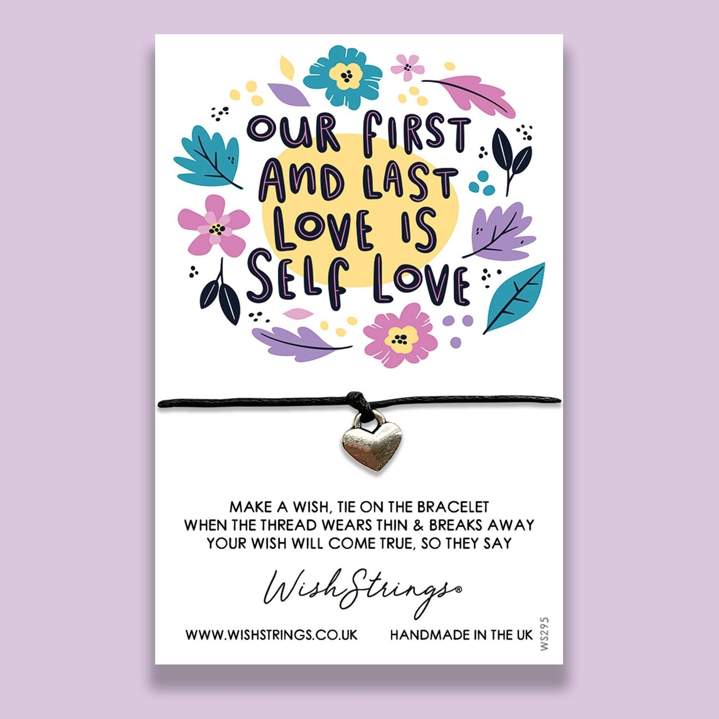 WishStrings bracelet packaging with floral design and text on a purple background