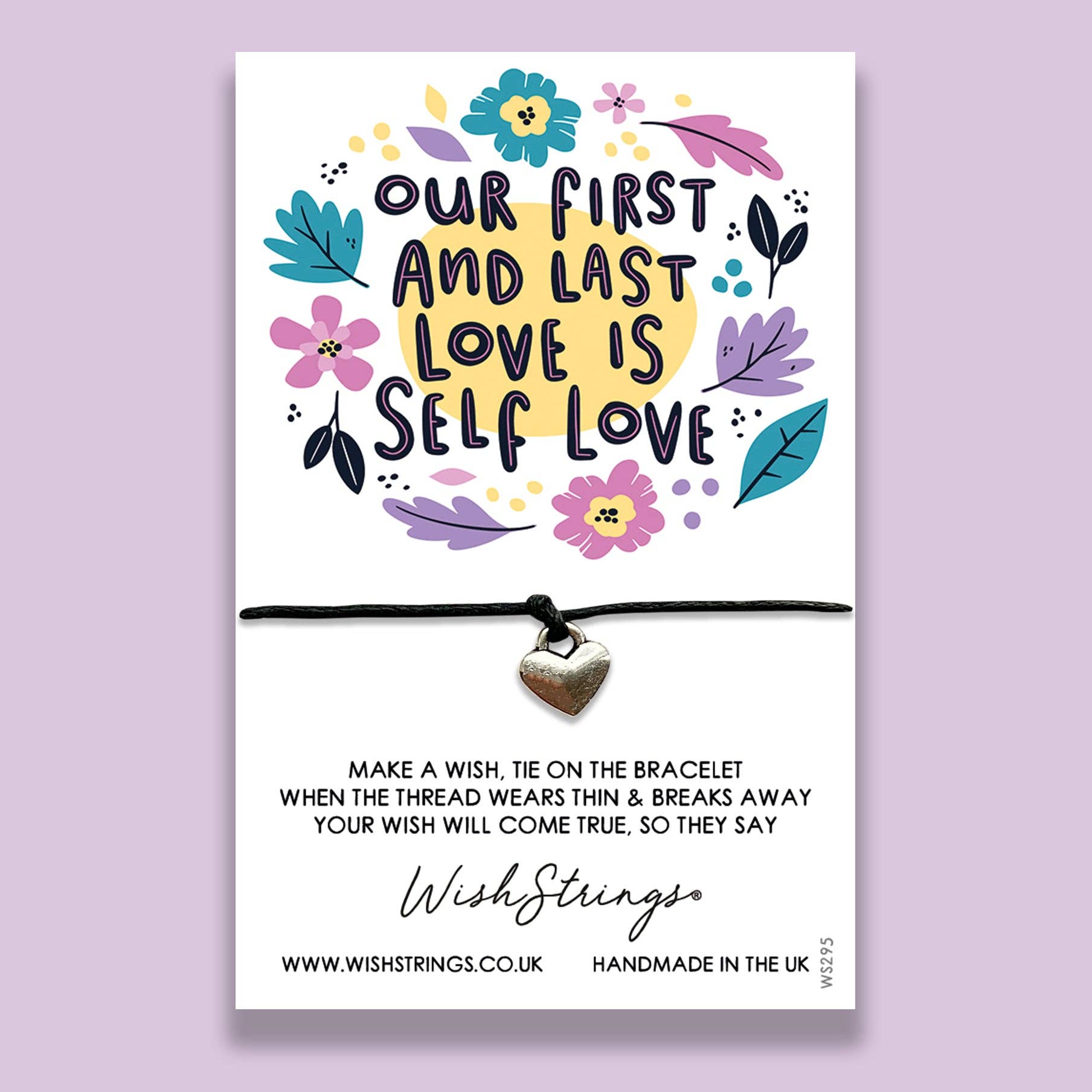 WishStrings bracelet packaging with floral design and text on a purple background