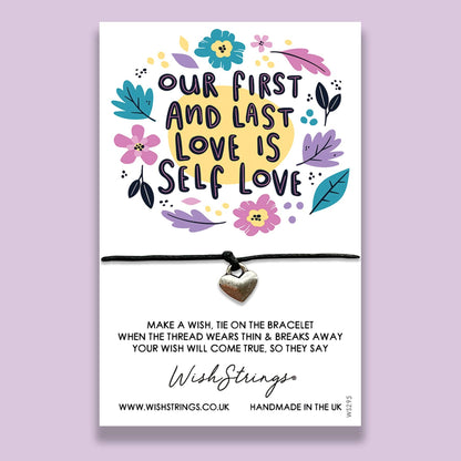 WishStrings bracelet packaging with floral design and text on a purple background