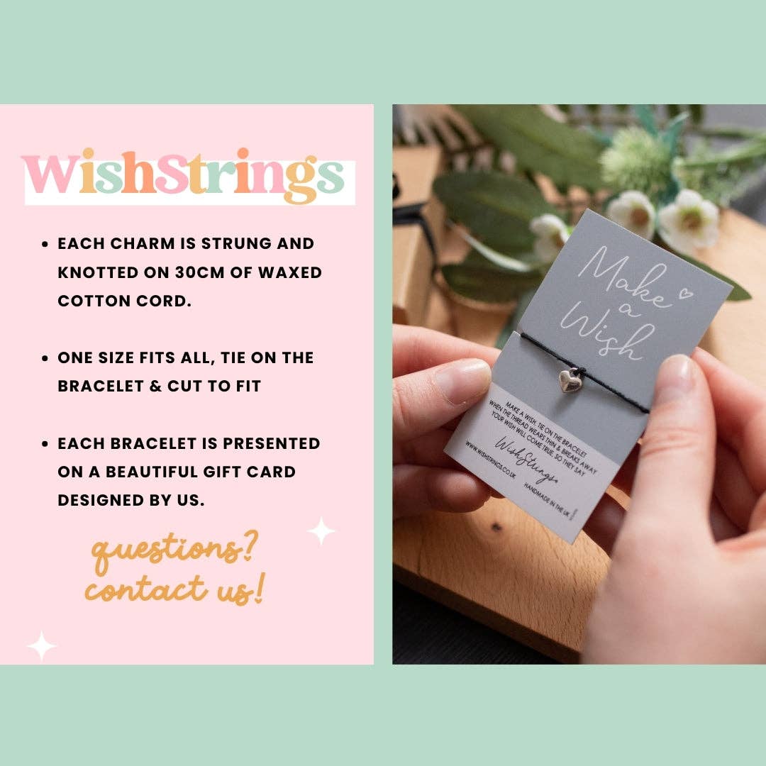 Bracelet with 'Make a Wish' charm held by a hand, displayed on a gift card with 'WishStrings' branding.