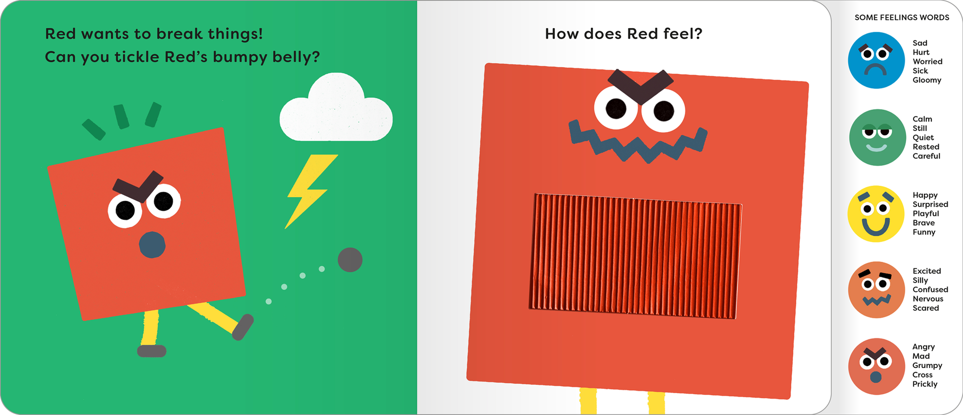 Children's book page with a red character and question about feelings.