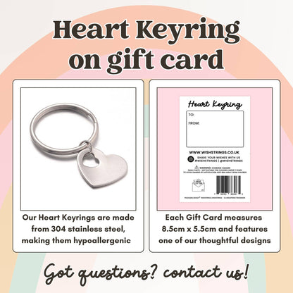 Heart keyring on a gift card with product details and contact information.