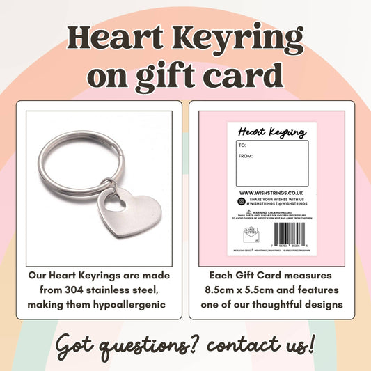 Heart keyring on a gift card with product details and contact information.