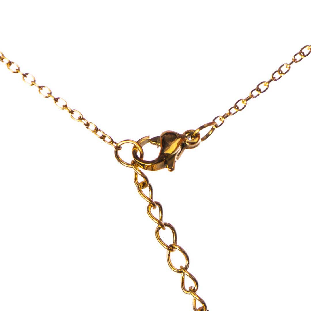 Gold chain necklace with clasp on a white background