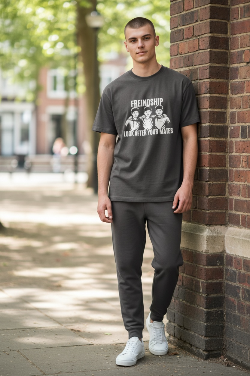 Man wearing a dark gray t-shirt with text and graphics, standing against a brick wall outdoors.