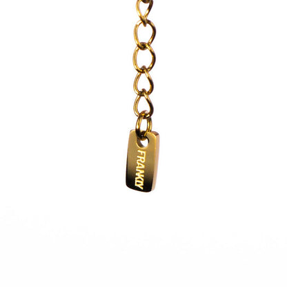 Gold chain with a tag labeled 'FRANKLY' on a white background