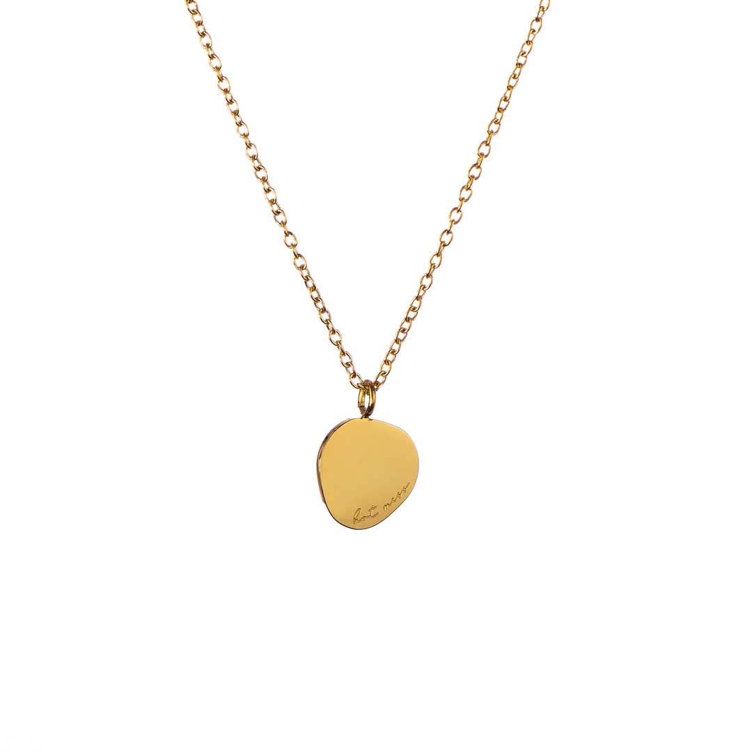 Gold necklace with a shaped pendant on a white background