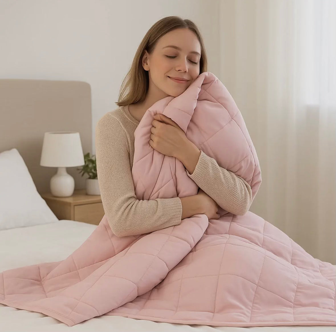 Woman wrapped in a pink weighted blanket in a cozy bedroom.
