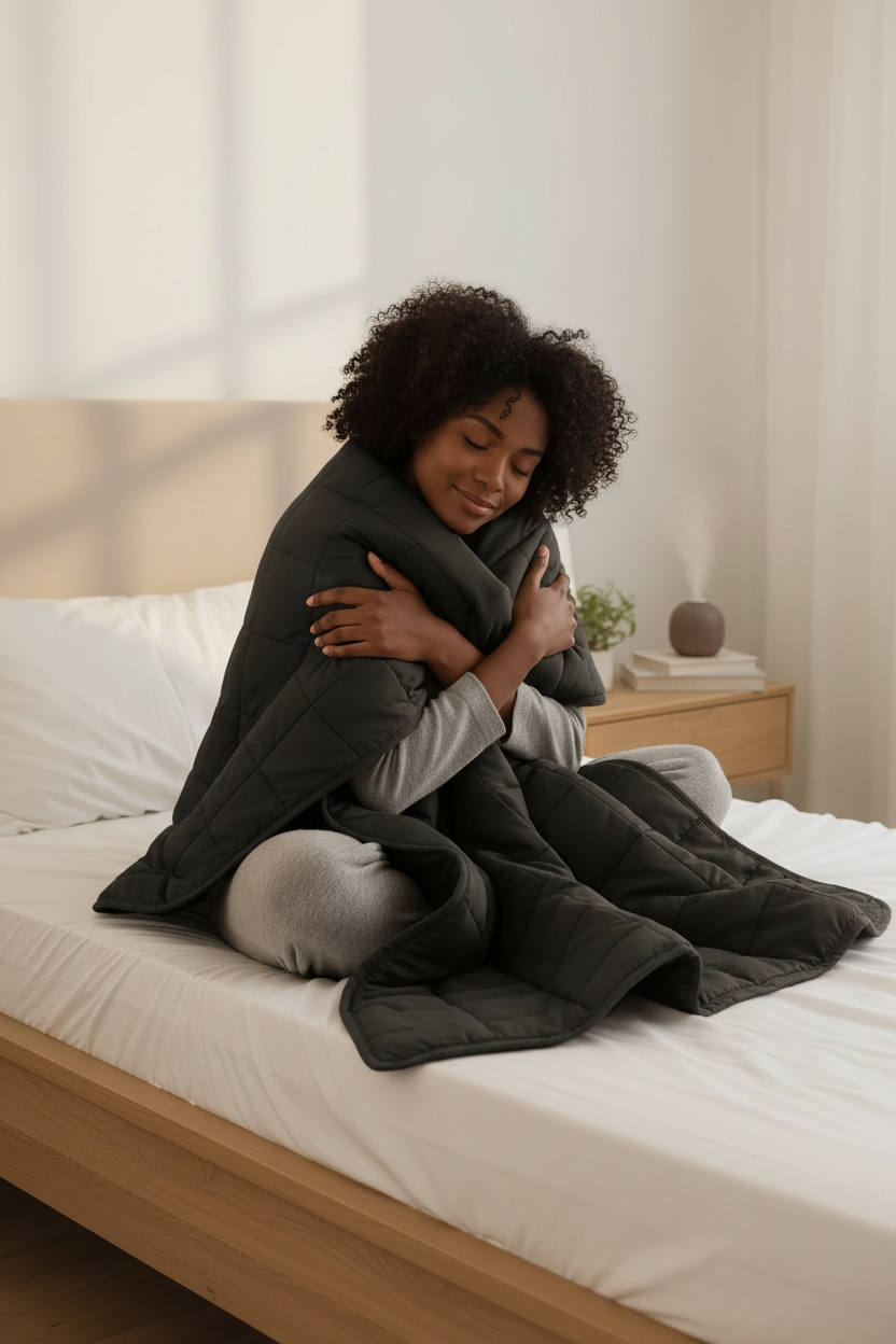 Woman hugging a large gray weighted blanket on a bed in a cozy bedroom.