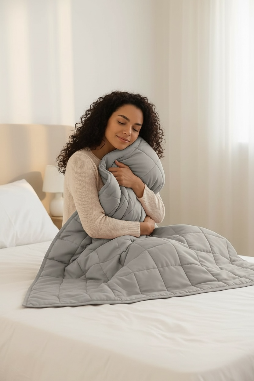 Woman hugging a gray weighted blanket on a bed in a bedroom setting.