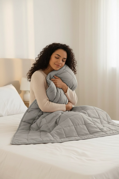 Woman hugging a gray weighted blanket on a bed in a bedroom setting.