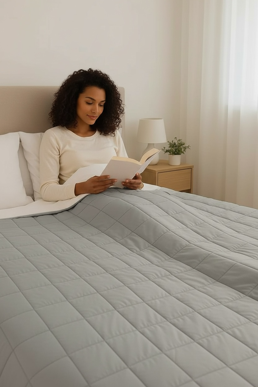 Woman reading a book on a bed with a quilted cover