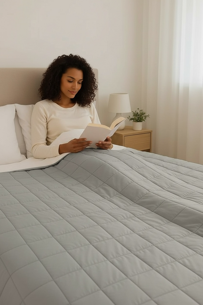 Woman reading a book on a bed with a quilted cover