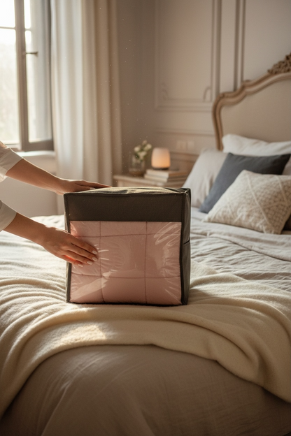 Person opening a quilted storage box on a bed in a bedroom.