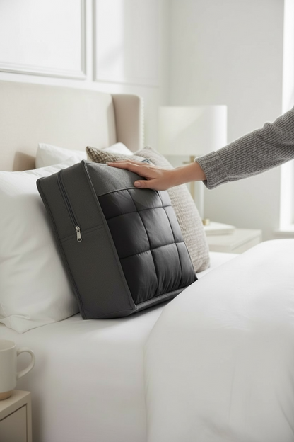 Person placing a gray wighted blanket in bag on a bed