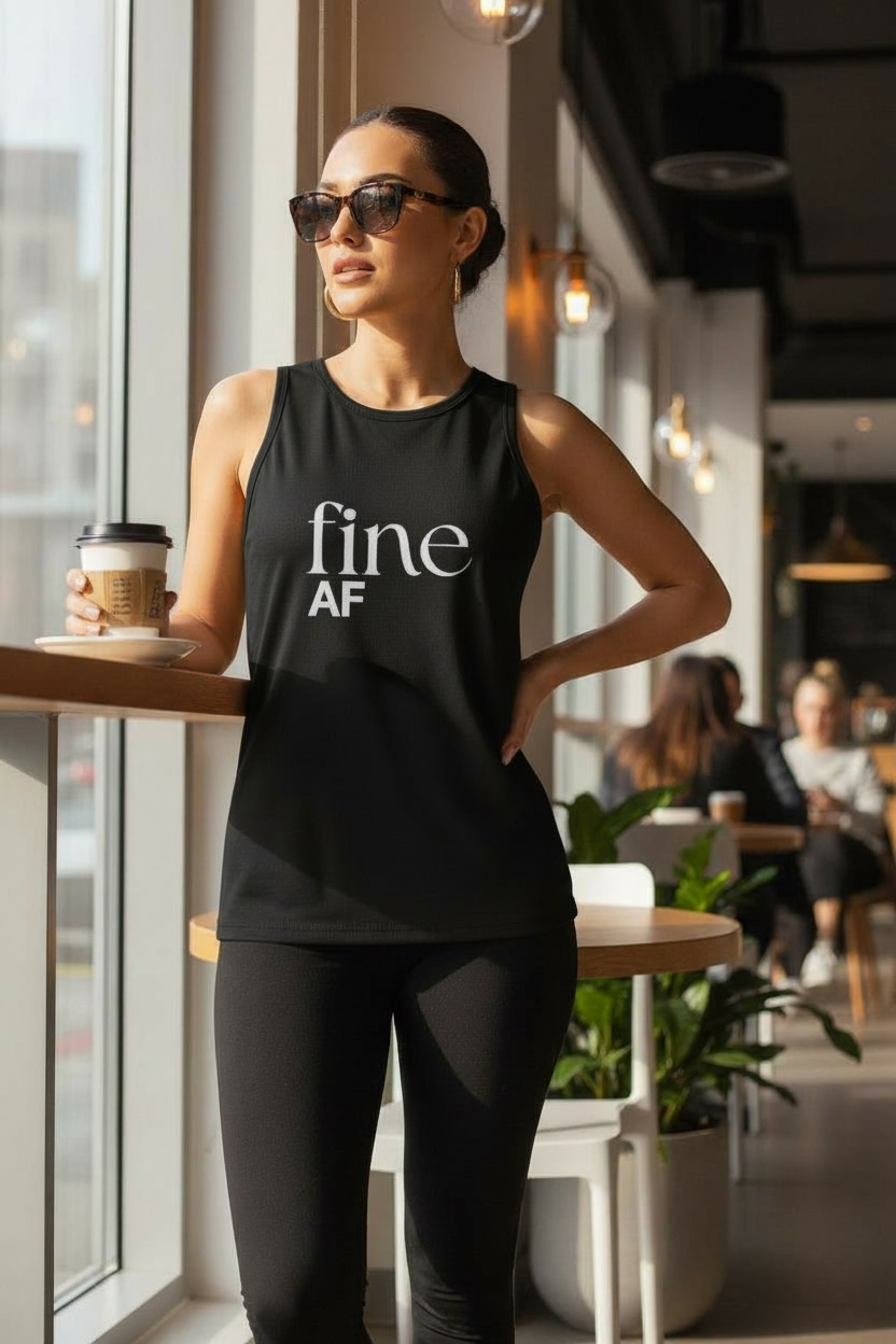 Woman wearing a black tank top with 'fine AF' text in a casual setting.