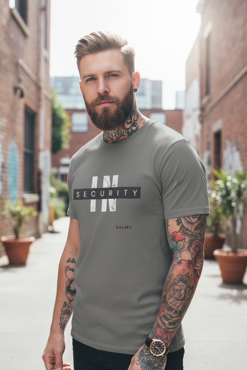 Man wearing a gray t-shirt with 'INSECURITY' print in an urban setting