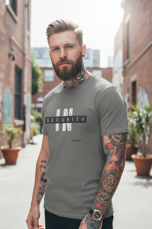Man wearing a gray t-shirt with 'INSECURITY' print in an urban setting