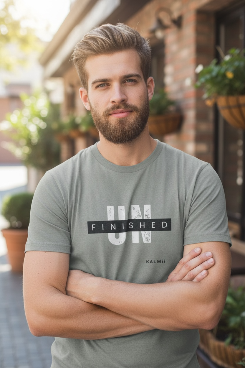 Man wearing a gray t-shirt with text standing outdoors.