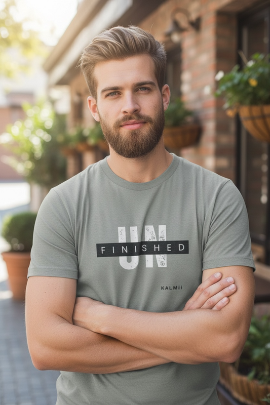 Man wearing a gray t-shirt with text standing outdoors.
