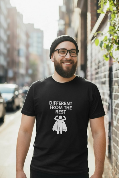 Man wearing a black t-shirt with text and graphic on a city street.