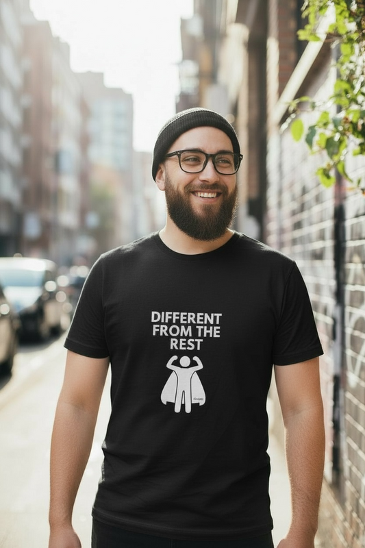 Man wearing a black t-shirt with text and graphic on a city street.