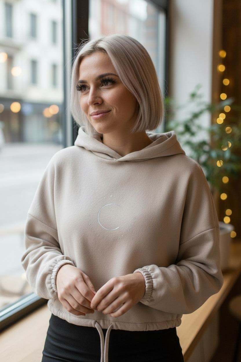 Woman wearing a beige hoodie with a logo, standing indoors near a window.