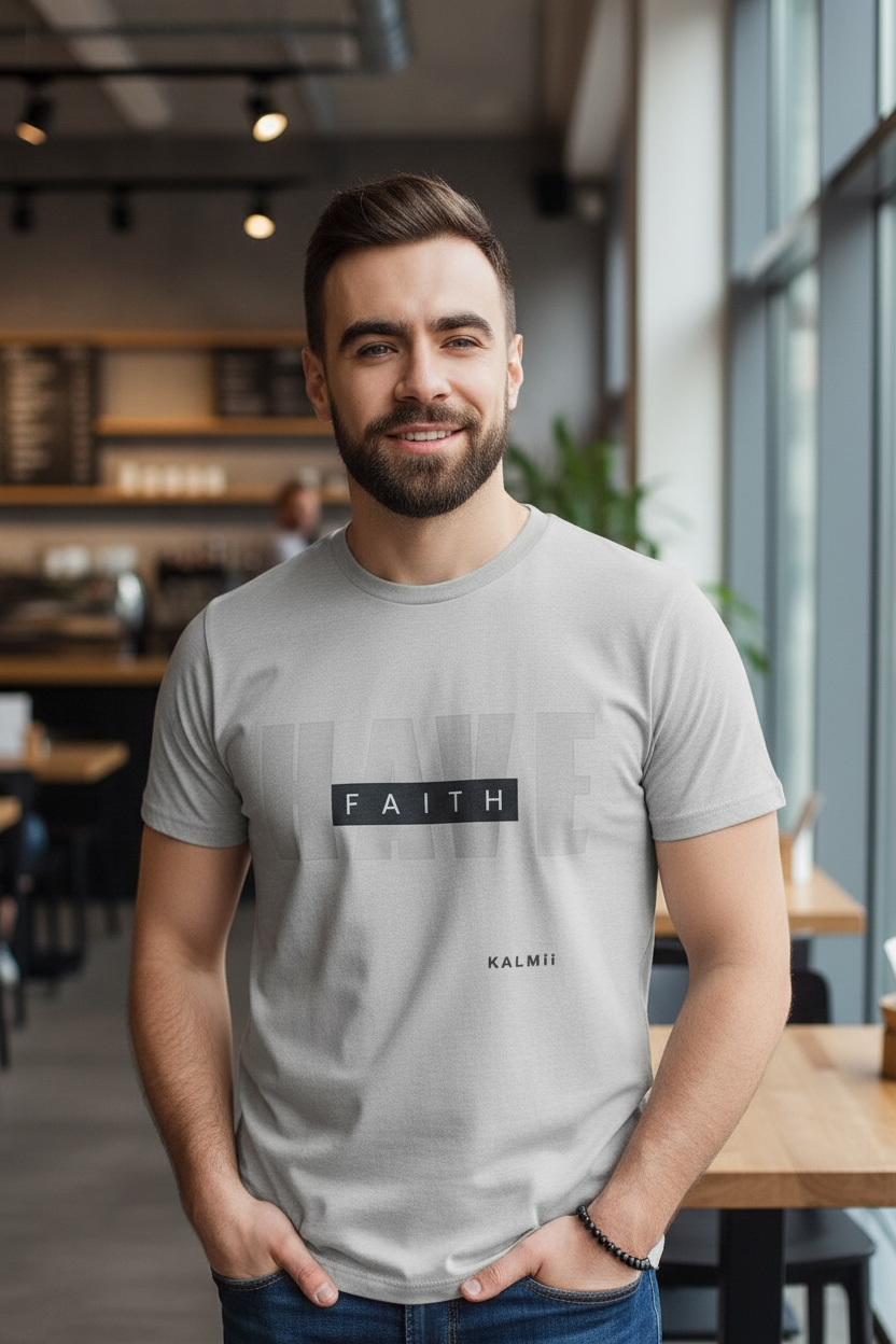 Man wearing a gray t-shirt with 'FAITH' and 'KALMI' text in a casual setting.