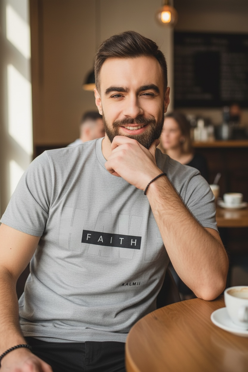 Man sitting at a table in a cafe wearing a gray t-shirt with 'FAITH' printed on it.
