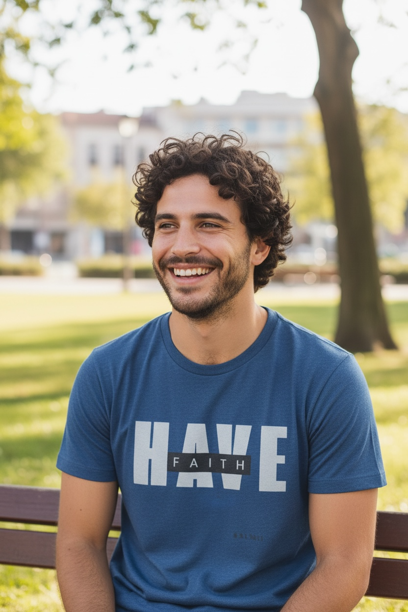 Man wearing a blue t-shirt with 'HAVE FAITH' text, sitting outdoors.