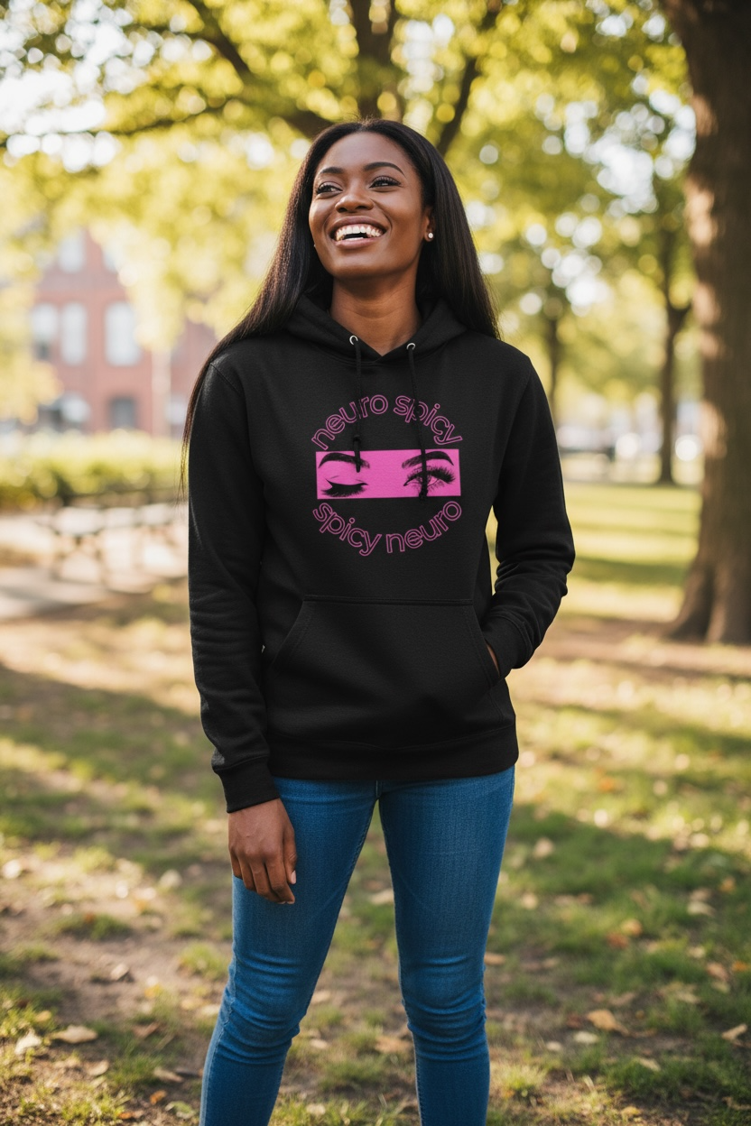Person wearing a black hoodie with pink text in an outdoor setting