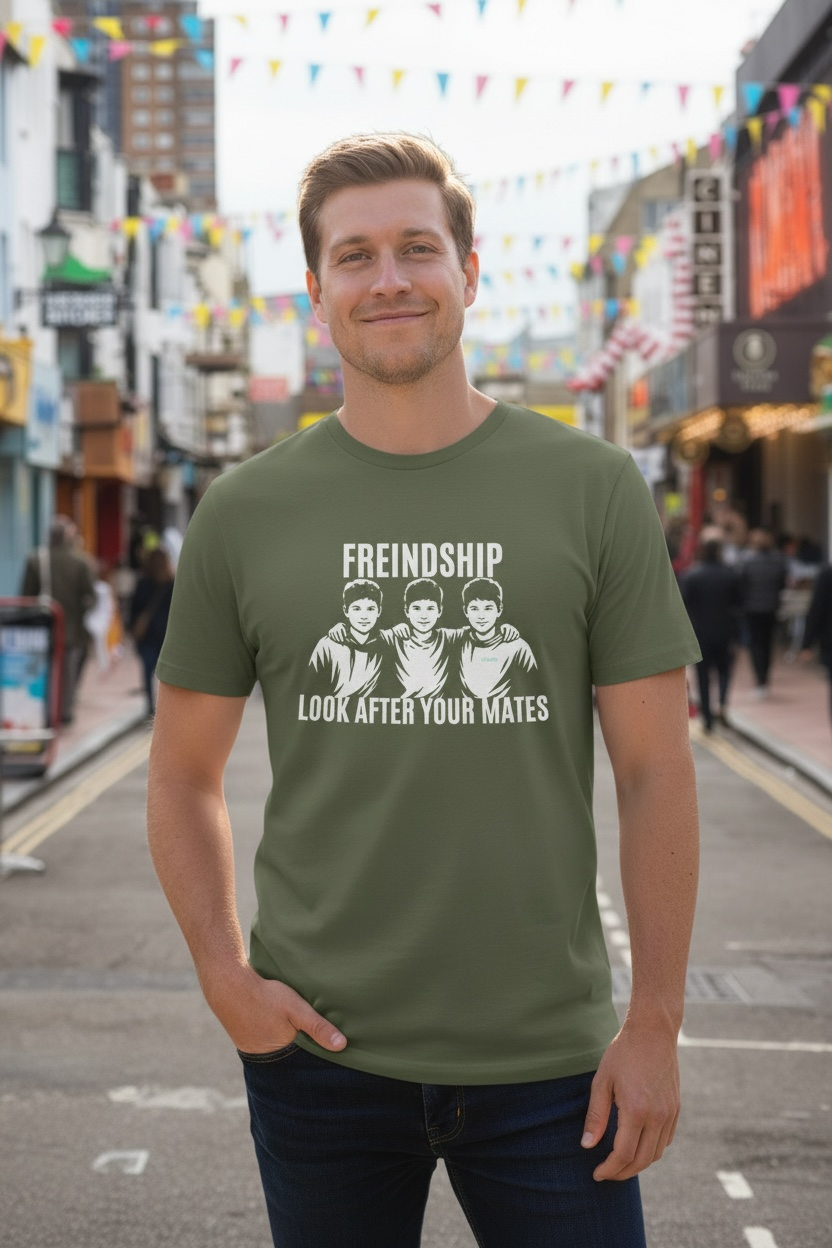 Man wearing a green t-shirt with a graphic and text on a street background