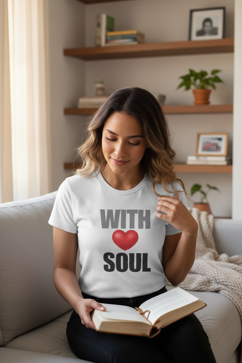 Woman sitting on a couch reading a book wearing a t-shirt with 'WITH SOUL' text and heart symbol.