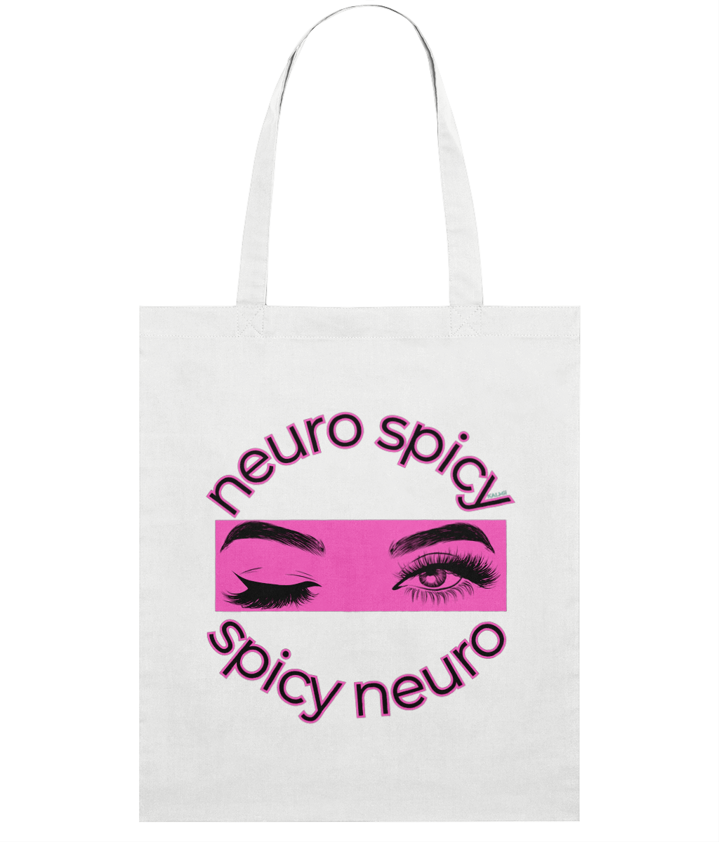 White tote bag with 'neuro spicy' and eye graphic design on a white background